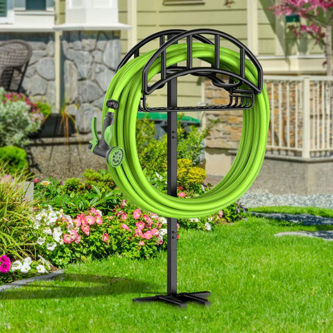 Upgraded Garden Hose Holder With Metal Reel And Detachable Tool Storage Basket in a garden setting