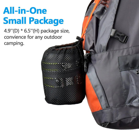 Backpacking Camping Cookware Kit With Mini Stove Aluminum Pots Stainless Steel Cup Nine Piece Utensil Set attached to backpack