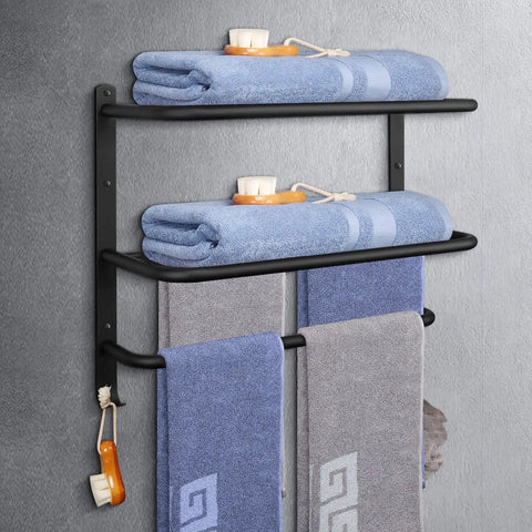 Foldable Double Towel Rack With Towel Bar And 5 Hooks Space Aluminum Wall Mount Shelf For Bathroom And Kitchen No Drill Easy Install 23 Inch Chrome Finish Durable And Space Saving Design with towels.