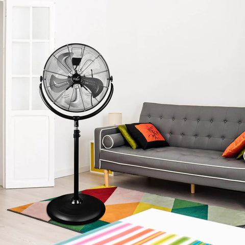 Industrial 20 Inch Drum Fan, Heavy Duty High Velocity Metal Pedestal in living room, adjustable height, 5 stainless blades