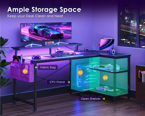 48 Inch Gaming Desk With USB Charging Ports And LED Lights, Reversible L Shaped Corner Desk With Monitor Stand, Black desk setup