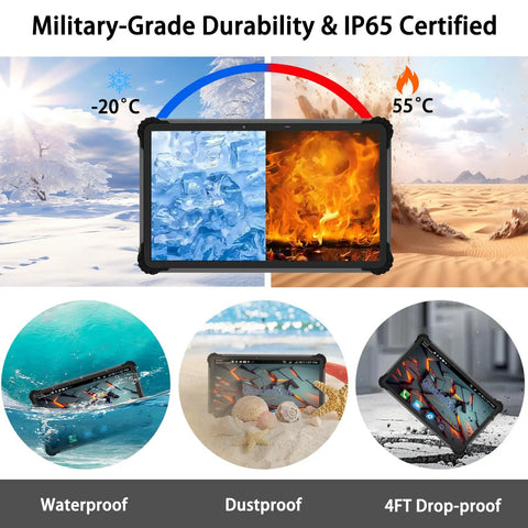 Built Like A Tank 13.3 Inch Rugged Tablet Running Android 13 with military-grade IP65 durability, waterproof and dustproof features.