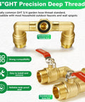 360 Degree Rotating Garden Hose Splitter With Independent Valves, 3/4 Inch GHT Brass High Flow Splitter, Heavy Duty Faucet Attachment For Outdoor Yard, Swivel Heads For Easy Hose Management, brass 3/4" GHT ends