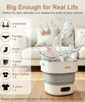 Kick Laundry Day To The Curb With This Portable Folding Mini Washer with water splashing and various clothes inside a sixteen liter drum.