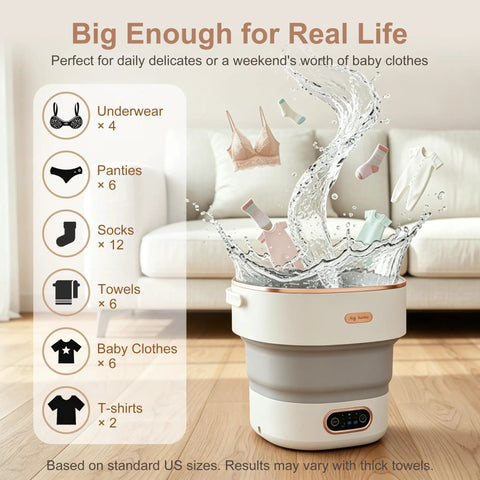Kick Laundry Day To The Curb With This Portable Folding Mini Washer with water splashing and various clothes inside a sixteen liter drum.