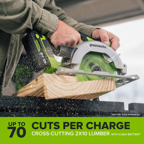 Heavy Duty Brushless Cordless Circular Saw Tool Only Featuring Snappy 24 Volt Battery Power And Knockout Demolition Cutting With Easy Lock Bevel Adjustment For Dependable High Speed Performance cutting through a 2x10 lumber.