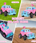 Pink 1:20 Scale RC Truck With DIY Stickers And Doll on various surfaces including grass, carpet, concrete, and sand.