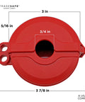 Top view of Heavy Duty Gate Valve Lockout for 1 to 2.5 inch valves, red lockout tagout lock, with dimensions and impact resistance.