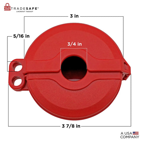 Top view of Heavy Duty Gate Valve Lockout for 1 to 2.5 inch valves, red lockout tagout lock, with dimensions and impact resistance.
