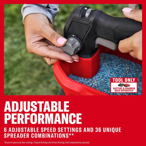 V20 Four Season Seed Spreader Handheld One Point Two Gal With 6 Speed Settings for Fertilizer Salt and Ice Melt being adjusted
