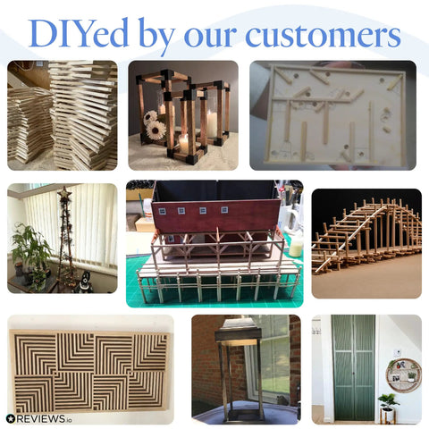 Collage of DIY projects using Real Deal Unfinished Square Dowel Rods 1/4 Inch By Eighteen Inch Pack Of Ten, showcasing architecture and crafts.