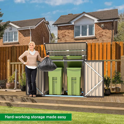 Outdoor Trash Can Storage Shed With 46 Cu Ft Capacity, Waterproof Horizontal Cabinet, Dark Grey Outdoor Storage Solution For Bikes And Yard Gear, Weatherproof, Easy Install And Durable Shed For Patio with double doors open showing green bins.