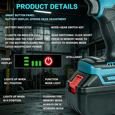 Cordless Rivet Nut Tool Kit 2 In 1 Electric Rivet Nut Gun Portable Battery Powered, close-up of power and mode display details.