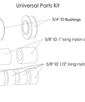 Diagram of universal parts kit with 3/4 inch ID bushings and 5/8 inch ID nylon spacers for No Flat Universal Fit Wheelbarrow Tire And Wheel Assembly With Adapter Kit 14.5 Inch Solid Polyurethane Foam Ribbed Tread 3 Inch Centered Hub And Five Eighth Inch Bearings Replaces Common Sizes 4.80 8 4.00 8 3.50 8 2.50 8 And 4.00 6.