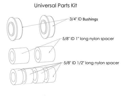 Diagram of universal parts kit with 3/4 inch ID bushings and 5/8 inch ID nylon spacers for No Flat Universal Fit Wheelbarrow Tire And Wheel Assembly With Adapter Kit 14.5 Inch Solid Polyurethane Foam Ribbed Tread 3 Inch Centered Hub And Five Eighth Inch Bearings Replaces Common Sizes 4.80 8 4.00 8 3.50 8 2.50 8 And 4.00 6.