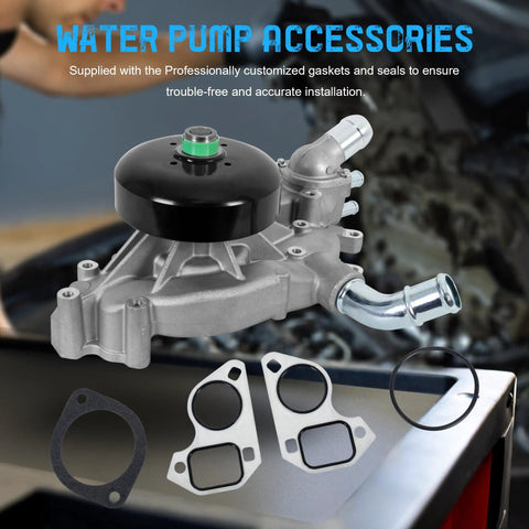 Thermostat Engine Aluminum Water Pump For Chevy Silverado 1500 Tahoe Suburban Trailblazer Express GMC Sierra Yukon Cadillac Buick Hummer Isuzu V8 4.8L 5.3L 6.0L Drop In Replacement displayed with gaskets
