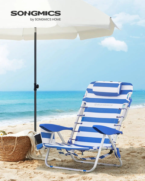 Backpack Beach Chair With Four Adjustable Backrest Angles, 331 Lb Capacity, shown on sandy beach, blue and white stripes