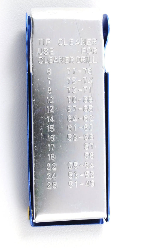 Close-up of stainless steel welding torch tip cleaner tool, showing sizes No 6 to 26 engravings, from heavy duty maintenance kit.