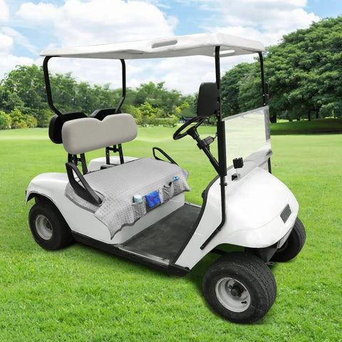 Cooling Butter Soft Ice Silk Golf Cart Seat Cover With Four Pockets Universal Fit For EZGO Yamaha Club Car installed on a golf cart.