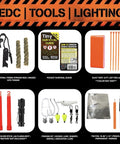 Assorted tools from 48 Hour Survival Kit with 228 pieces including fire starter, survival guide, duct tape, zip ties, and flashlight.