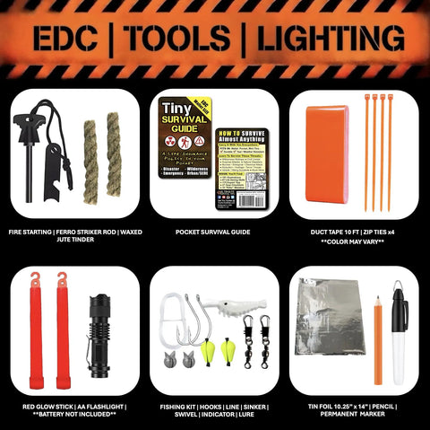 Assorted tools from 48 Hour Survival Kit with 228 pieces including fire starter, survival guide, duct tape, zip ties, and flashlight.