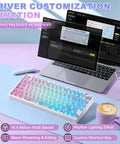 Tri Mode Wireless Gaming Keyboard With Bluetooth Five Point Zero And Usb Cable Fast Switching Mechanical Keys on a desk with colorful RGB backlight.