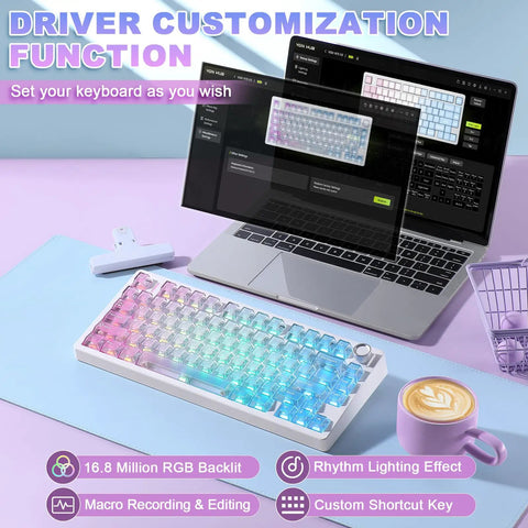 Tri Mode Wireless Gaming Keyboard With Bluetooth Five Point Zero And Usb Cable Fast Switching Mechanical Keys on a desk with colorful RGB backlight.