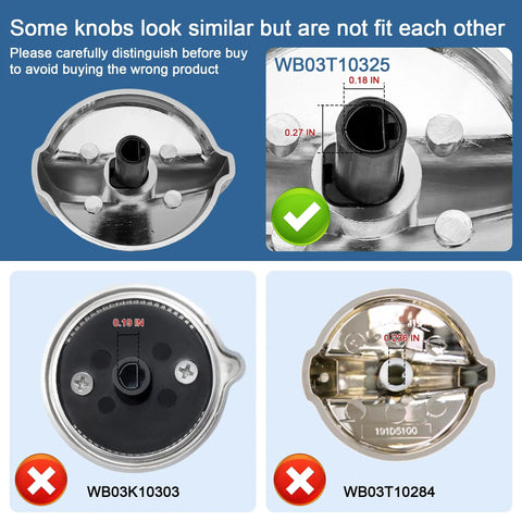 Heavy Metal Stove Knobs 5 Pack Replacement Set For GE Cooktop Burners with D shaft sizes and compatibility details