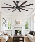 Living room with 65 Inch Large Ceiling Fan No Light With Remote 6 Speed Reversible Quiet DC Motor 10 Blade Dual Color Black And Wood Grain.