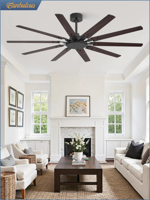 Living room with 65 Inch Large Ceiling Fan No Light With Remote 6 Speed Reversible Quiet DC Motor 10 Blade Dual Color Black And Wood Grain.