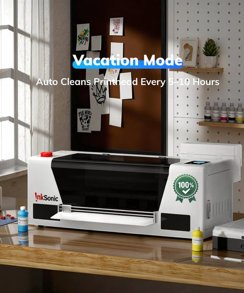 Lightning Fast A3 Plus DTF Printer Bundle With F1080 Printhead, showing printer with auto-clean feature on a workspace.