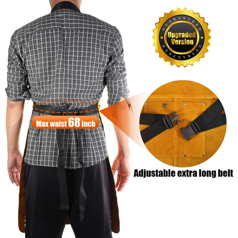 Back view of person wearing Heavy Duty Leather Welding Apron, Flame and Spark Resistant Bib showing adjustable extra long belt