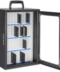 Built Tough Thirty Six Slot Cell Phone Locker Wall Mount With Matched Key Lock And Soft Inner Padding Black Steel Alloy showing open compartments with phones.