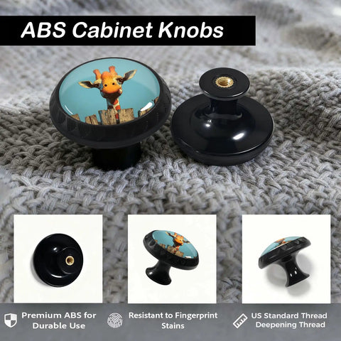 Giraffe Peeking Over Fence Kitchen Cabinet Knobs Four Pack Round Drawer Pulls displayed on knit fabric, showing ABS body and crystal top.