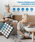 Children reading on sofa with image of AZ4002 Replacement Filter Set For Detect Pro Max capturing smoke, odors, dust particles.