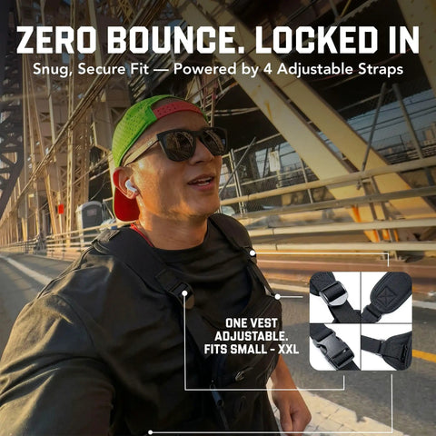 Runner wearing Water Resistant Running Vest Chest Pack With Phone Holder Lightweight Training Pack With Extra Storage And Reflective Details For All Weather Runs For Daily Jogs on bridge