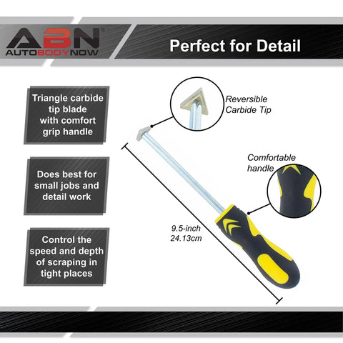 Carbide Tip Grout Removal Hand Tool With Soft Grip Reversible Triangle Blade For Detail Work In Tight Spots Great For Grout Mortar Caulking Residue Cleanup And Precision Scraping, showing tool and diagrams.