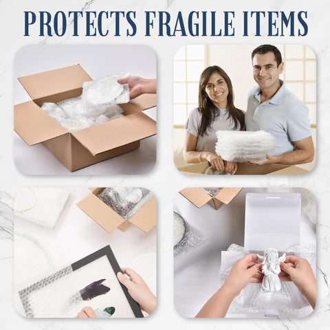 Collage showing Self Seal Bubble Pouches 7.5x8 Inch 50 Pack Cushioning Bags used for packing fragile items
