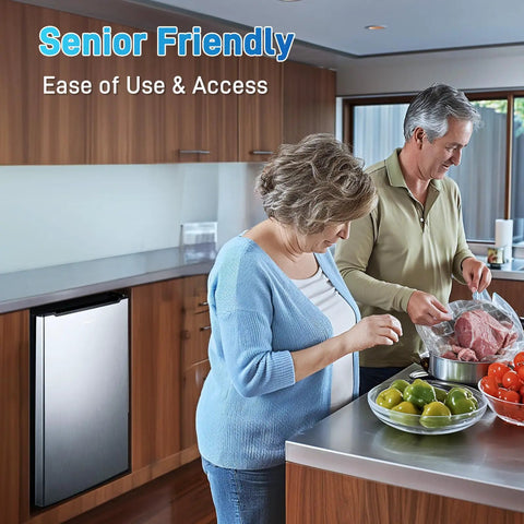 Slick 3 Cu Ft Mini Upright Freezer Boasts Three Smooth Pull Down Drawers And Adjustable Thermostat For Rapid Cooling Builds Zero Hassle In A Bright Silver Finish Ideal For Tiny Dorms Or Garages in a kitchen setting with family preparing food.