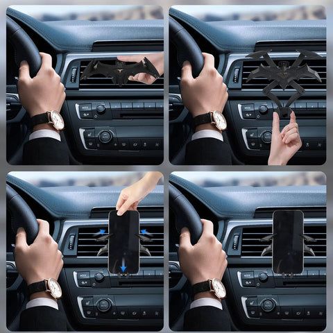 Bat Wings Car Phone Holder With Universal Air Vent Mount And Mechanical Wing Design For Ultra Stable Hands Free Phone Access On The Road in use positioning phone.