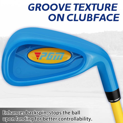 Blue iron club from Kid Friendly Beginner Golf Club Set With Wood Iron And Putter, 3 Balls And Bag for Ages 2 to 5 with grooves.