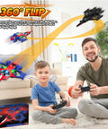 Father and son playing with Epic RC Airplane For Kids Ages 8 Plus With Light Up Fighter Jet in living room, showing 360 flip feature.
