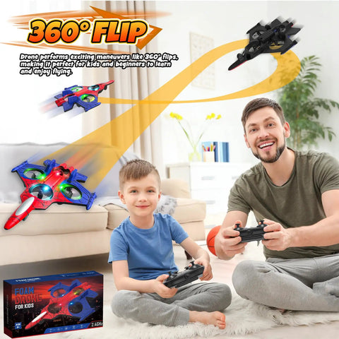Father and son playing with Epic RC Airplane For Kids Ages 8 Plus With Light Up Fighter Jet in living room, showing 360 flip feature.