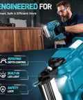 Heavy Duty Cordless Brad Nailer, Bad Boy 2 In 1 Nail Gun For Wood, 18 Gauge Stapler With Dual 2 Amp Hour Batteries in use with LED light.