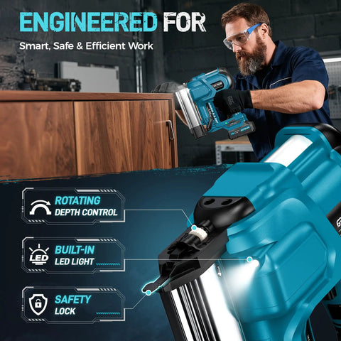 Heavy Duty Cordless Brad Nailer, Bad Boy 2 In 1 Nail Gun For Wood, 18 Gauge Stapler With Dual 2 Amp Hour Batteries in use with LED light.