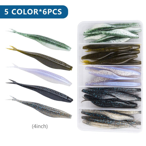 Swimmin Soft Plastic Fishing Lures Set 4 Inch And 5 Inch Salty Split Tail Jerk Shad Minnows Bass Bait Kit With Tackle Box 30 Pcs