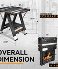 Solid 2 In 1 Folding Workbench And Sawhorse Hybrid dimensions showing 25 x 31.1 x 31.8 inches unfold size illustration.