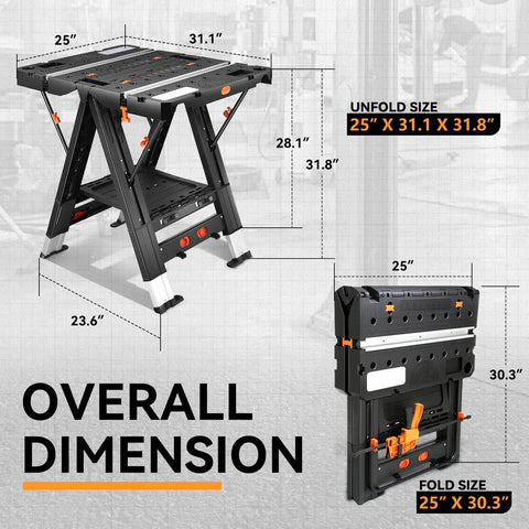 Solid 2 In 1 Folding Workbench And Sawhorse Hybrid dimensions showing 25 x 31.1 x 31.8 inches unfold size illustration.