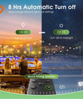 Image showcasing 56 Ft Solar String Lights With Remote And USB Charging, 27 Shatterproof G40 Bulbs, set at dusk and midnight
