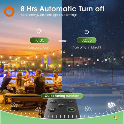 Image showcasing 56 Ft Solar String Lights With Remote And USB Charging, 27 Shatterproof G40 Bulbs, set at dusk and midnight